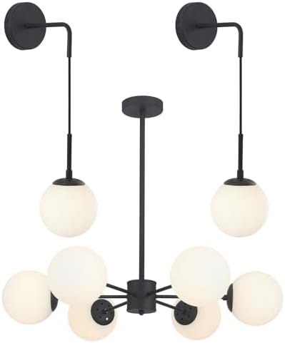 KCO Lighting Matter Black Wall Sconce Set of 2 Mid Century Modern Wall Sconce Lighting 6 Light Sputnik Chandelier Milk Glass Chandelier White Globe Chandelier Flush Mount Chandelier for Dining Room - Image 2