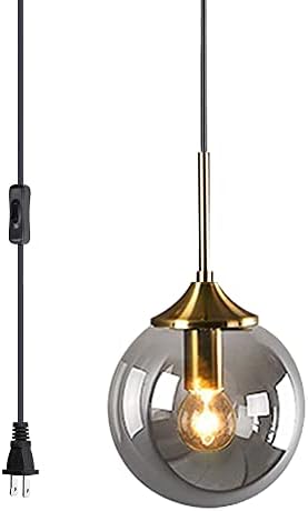 KCO Lighting Modern Plug in Pendant Light Fixture Smoke Grey Glass Globe Pendant Light Gold Brass Pendant Lighting for Kitchen Island Entryway Dining Room (Smoke Grey) - Image 2