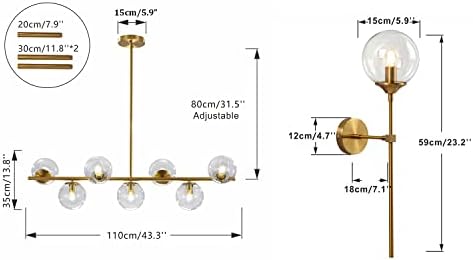 KCO 7-Light Clear Glass Globe Sputnik Chandelier, Modern Pendant & Wall Light Set of Two, 31.5" Max Height - Image 3