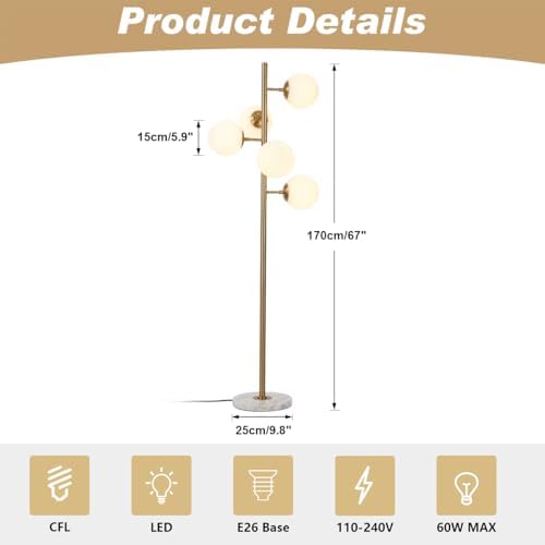 KCO Lighting 5-Light Frosted White Glass Globe Floor Lamp Mid Century Modern Gold Tall Pole Standing Light LED Standing Lamps with Foot Switch for Home Office (Gold) - Image 3