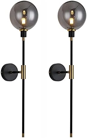 KCO Lighting Modern Glass Globe Wall Sconce Light Set of Two Brass and Black Large Light Contemporary Smoke Glass Hallway Long Sconce Wall Light Set of 2 - Image 2