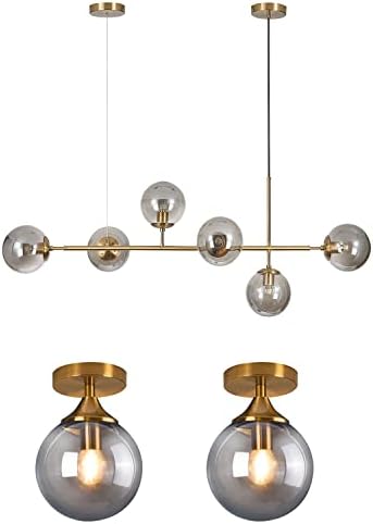 KCO Lighting Smoke Gray Glass Pendant Light Mid Century Modern Globe Chandelier Island Light for Kitchen Gold Flush Mount Ceiling Light Small Antique Brass Ceiling Fixtures Semi Flush Mount Schoolhou - Image 2