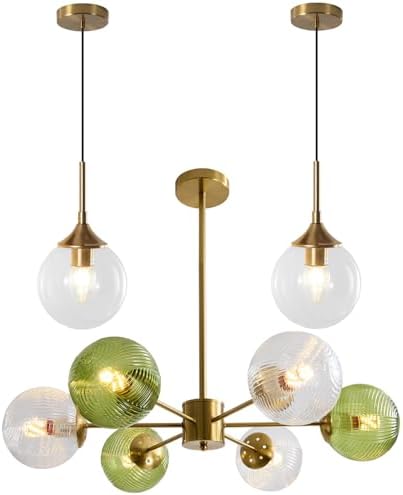 KCO Lighting Clear Globe Pendant Lights Kitchen Island Bubble Glass Pendant Lighting Gold Hanging Light Fixture Mid Century Modern Green Chandelier Ribbed Flush Mount Light - Image 2