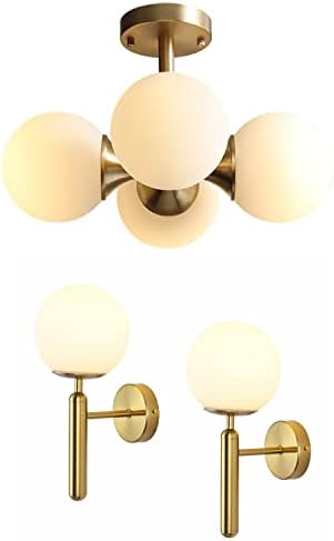 KCO Lighting Modern Brushed Brass Flush Mount Ceiling Light Mid Century Gold Globe Flush Mount Ceiling Light Schoolhouse Light Fixture Gold Mid Century Modern Wall Sconce Milk Glass Wall Lamp - Image 2