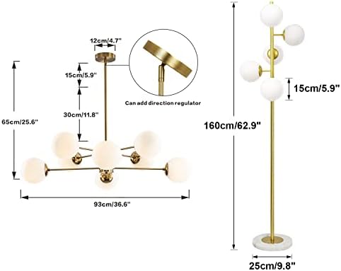 KCO Lighting 8-Light Glass Sputnik Chandelier Light Modern Gold Chandeliers Pendant Light Fixture 5-Light Frosted White Glass Globe Floor Lamp Mid Century Modern Gold Tall Pole Standing Light - Image 3