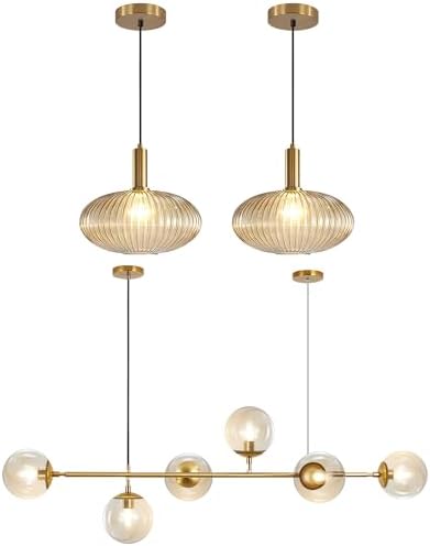 KCO Lighting Amber Glass Pendant Light Ribbed Ceiling Light Gold Single Pendant Light Modern Linear Chandelier Kitchen Island Pendant Lighting Dining Room Pendant Light Fixture - Image 2