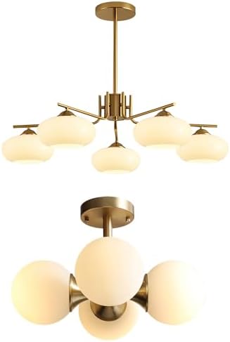 KCO Lighting Mid Century Modern Chandelier Brushed Brass Chandelier 5 Lights Milk Glass Pendant Light Gold Flush Mount Ceiling Light Hallyway Entryway Ceiling Light - Image 2