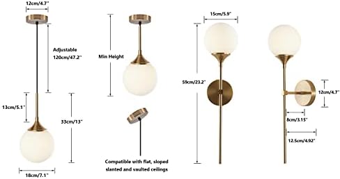 KCO Lighting Modern Globe Wall Sconce Mid Century Glass Wall Mounted Light Brushed Brass Long Wall Lamp Mid Century Modern Glass Pendant Light 1-Light Large Gold Globe Chandelier Pendant Lighting - Image 3