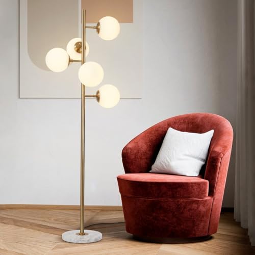 KCO Lighting 5-Light Frosted White Glass Globe Floor Lamp Mid Century Modern Gold Tall Pole Standing Light LED Standing Lamps with Foot Switch for Home Office (Gold) - Image 5