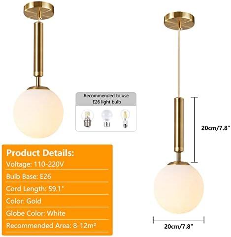 KCO Lighting Modern Brass Chandelier Mid Century Gold Sputnik Pendant Light 6-Light Glass Globe Linear Chandelier Modern Globe Pendant Light Fixture White and Gold Pendant Light 1-Light Kitchen Islan - Image 4