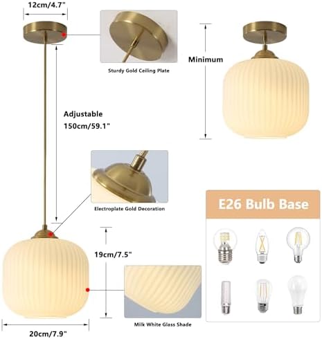 KCO Lighting Modern Gold White Glass Pendant Light Contemporary Brass Kitchen Island Light Brushed Gold Milk Glass Semi Flush Mount Ceiling Light - Image 3