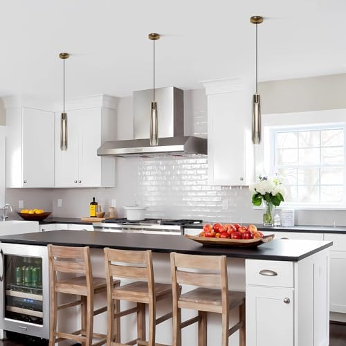 KCO Lighting Smokey Crystal Pendant Light Antique Brass Gold Hanging Light Fixture Mid Century Modern Long Tube Pendant Light for Kitchen Island Dining Room Bedroom - Image 5