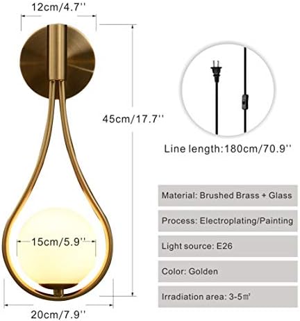 Modo Lighting Glass Ball Wall Sconce Plug in Mid Century Modern Drop Design Wall Light Brushed Brass Gold Wall Lamps for Bedside Living Room (with Plug in 2 Pack) - Image 3
