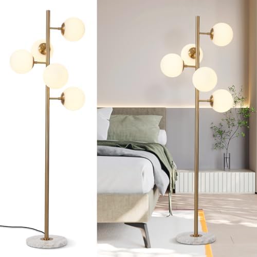 KCO Lighting 5-Light Frosted White Glass Globe Floor Lamp Mid Century Modern Gold Tall Pole Standing Light LED Standing Lamps with Foot Switch for Home Office (Gold) - Image 2