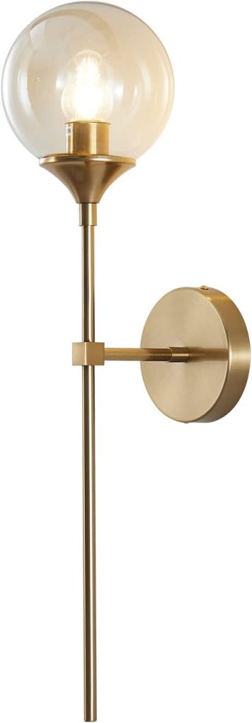 KCO Mid Century Modern Gold Amber Glass Globe Wall Sconce with Long Rod