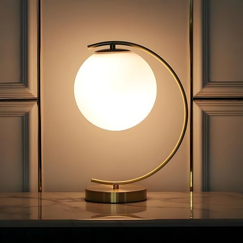 KCO Lighting Mid-Century Bedside Table Lamp Modern Glass Ball Desk Lamp Gold Reading Lamp Moon Shape Metal Table Light for Bedroom Living Room Office - Image 5