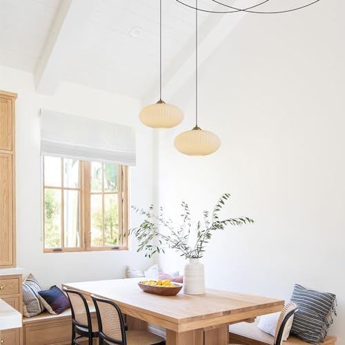 KCO Lighting Milk Glass Chandelier Pendant Light Ribbed Glass Ceiling Light Mid Century Plug in Hanging Light Farmhouse Rustic Walnut Wood Chandelier Modern Gold Chandelier Sputnik Ceiling Light - Image 7