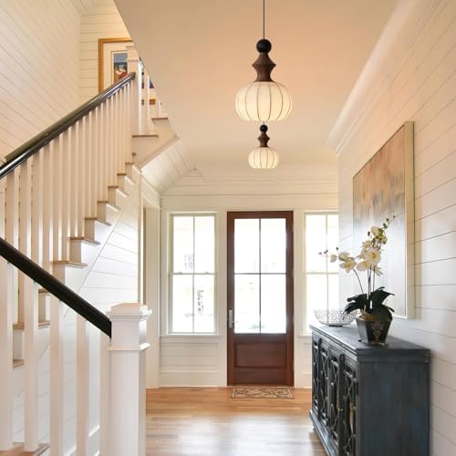KCO Lighting White Fabric Lantern Pendant Light Japanese Silk Ceiling Light Farmhouse Black Pendant Kitchen Light Small Round Hanging Light Fixture Modern Dining Room Chandelier - Image 7