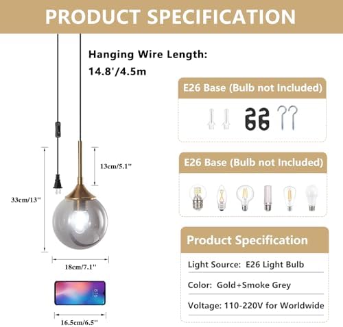 KCO Lighting Modern Plug in Pendant Light Fixture Smoke Grey Glass Globe Pendant Light Gold Brass Pendant Lighting for Kitchen Island Entryway Dining Room (Smoke Grey) - Image 3