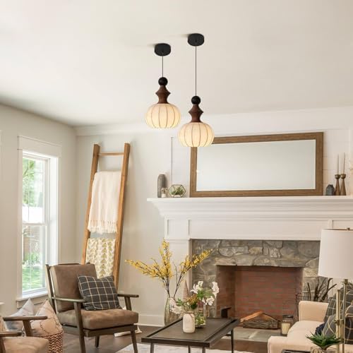 KCO Lighting White Fabric Lantern Pendant Light Japanese Silk Ceiling Light Farmhouse Black Pendant Kitchen Light Small Round Hanging Light Fixture Modern Dining Room Chandelier - Image 6