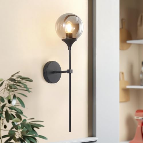 KCO Mid Century Modern Matte Black Smoke Gray Glass Globe Wall Sconce - Image 5