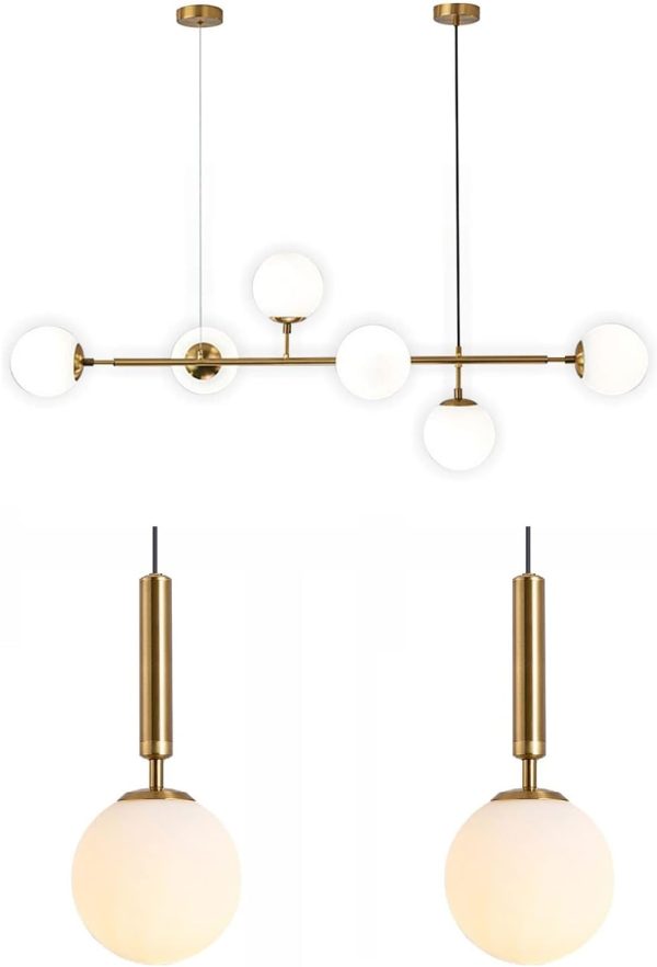 KCO Lighting Modern Brass Chandelier Mid Century Gold Sputnik Pendant Light 6-Light Glass Globe Linear Chandelier Modern Globe Pendant Light Fixture White and Gold Pendant Light 1-Light Kitchen Islan