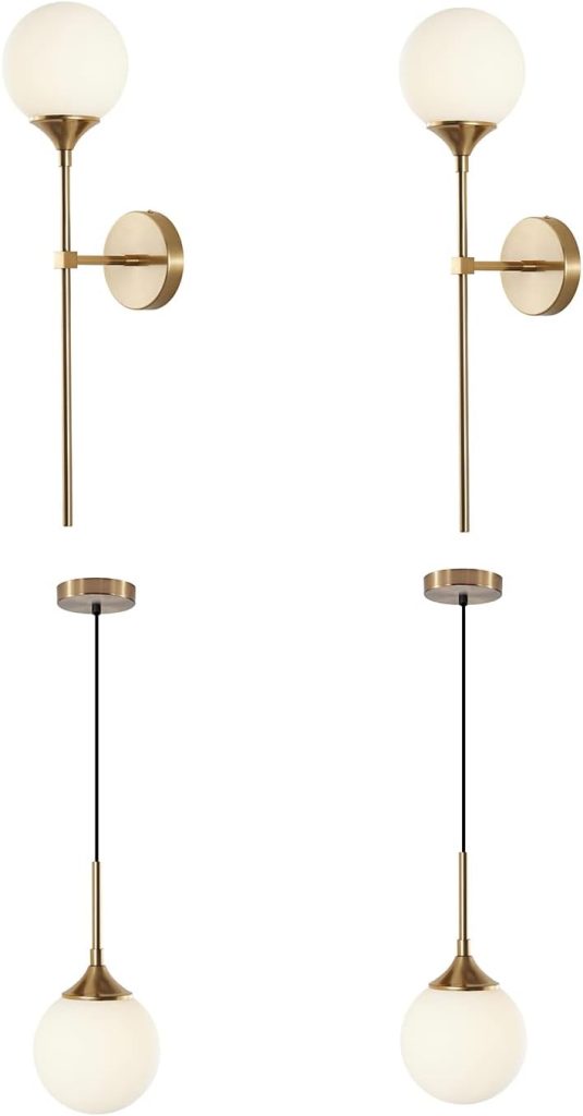 KCO Lighting Modern Globe Wall Sconce Mid Century Glass Wall Mounted Light Brushed Brass Long Wall Lamp Mid Century Modern Glass Pendant Light 1-Light Large Gold Globe Chandelier Pendant Lighting