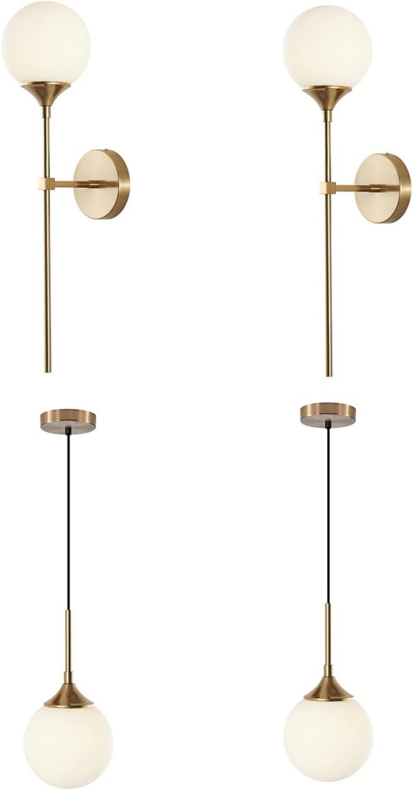 KCO Lighting Modern Globe Wall Sconce Mid Century Glass Wall Mounted Light Brushed Brass Long Wall Lamp Mid Century Modern Glass Pendant Light 1-Light Large Gold Globe Chandelier Pendant Lighting