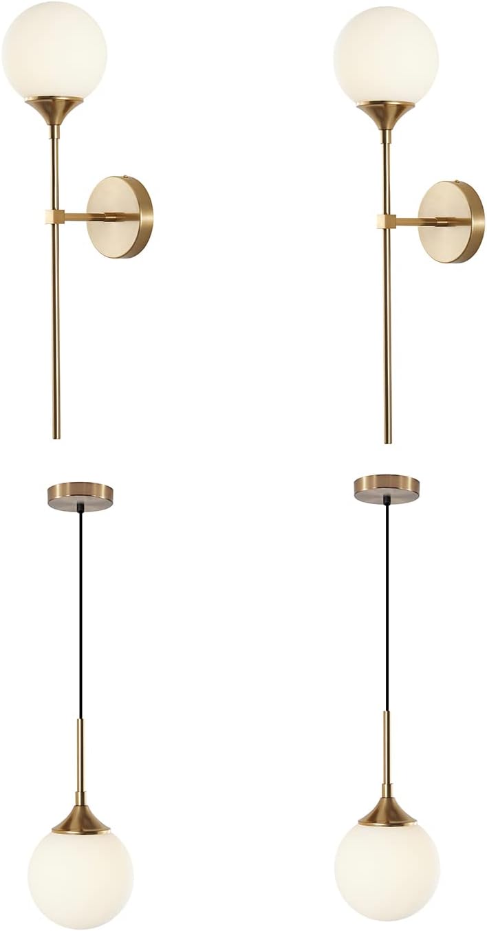 KCO Lighting Modern Globe Wall Sconce Mid Century Glass Wall Mounted Light Brushed Brass Long Wall Lamp Mid Century Modern Glass Pendant Light 1-Light Large Gold Globe Chandelier Pendant Lighting