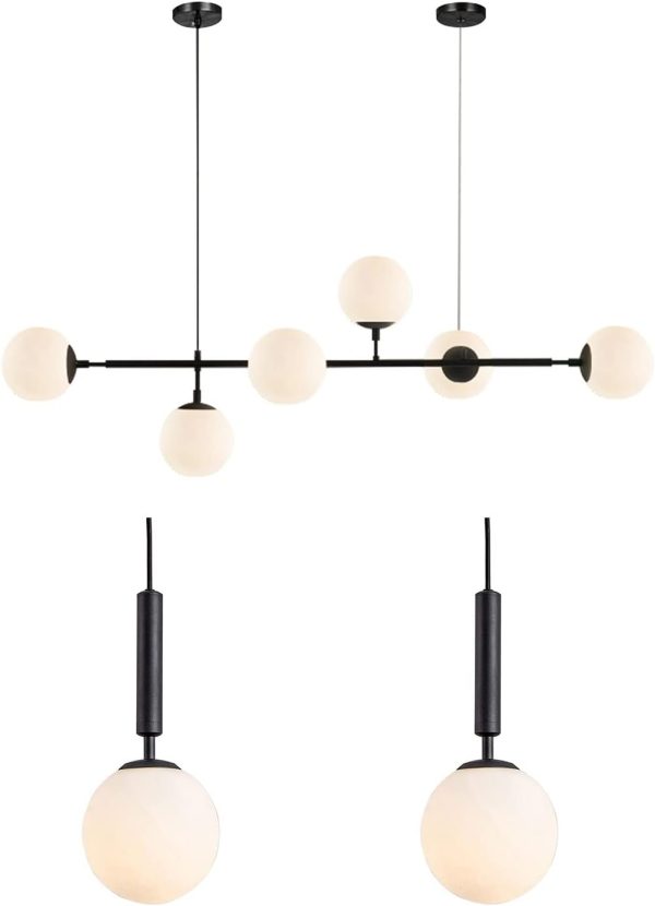 KCO Lighting Mid Century Modern Chandelier Black Linear Sputnik Pendant Light Contemporary 6-Light Glass Globe Chandelier Black Globe Pendant Light Mid Century Modern Pendant Lights Kitchen Island Ind