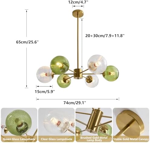 KCO Lighting Clear Globe Pendant Lights Kitchen Island Bubble Glass Pendant Lighting Gold Hanging Light Fixture Mid Century Modern Green Chandelier Ribbed Flush Mount Light - Image 4