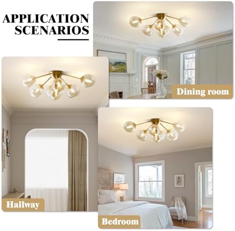 KCO Lighting 7-Lights Mid Century Modern Flush Mount Ceiling Light Overhead Amber Glass Globe Sputnik Chandelier Ceiling Light Fixture Brass Gold Bedroom Living Room Ceiling Lighting - Image 6