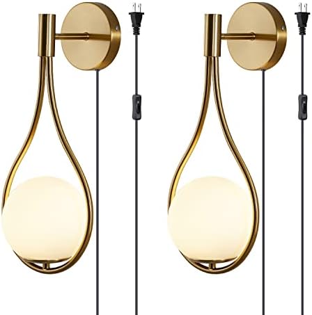Modo Lighting Glass Ball Wall Sconce Plug in Mid Century Modern Drop Design Wall Light Brushed Brass Gold Wall Lamps for Bedside Living Room (with Plug in 2 Pack) - Image 2