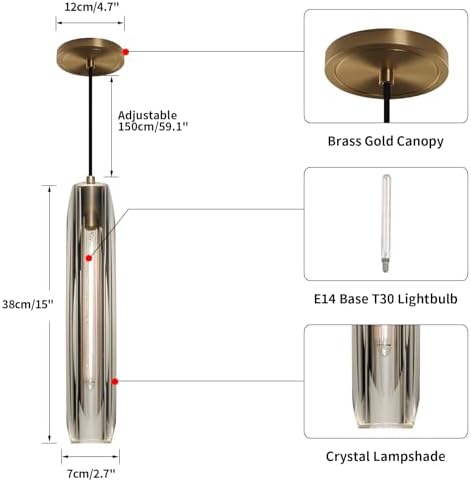 KCO Lighting Smokey Crystal Pendant Light Antique Brass Gold Hanging Light Fixture Mid Century Modern Long Tube Pendant Light for Kitchen Island Dining Room Bedroom - Image 3