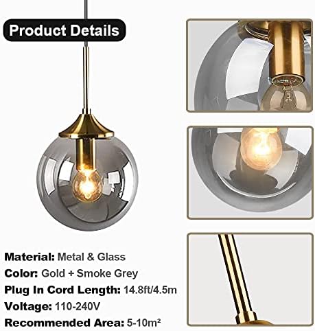 KCO Lighting Modern Plug in Pendant Light Fixture Smoke Grey Glass Globe Pendant Light Gold Brass Pendant Lighting for Kitchen Island Entryway Dining Room (Smoke Grey) - Image 4