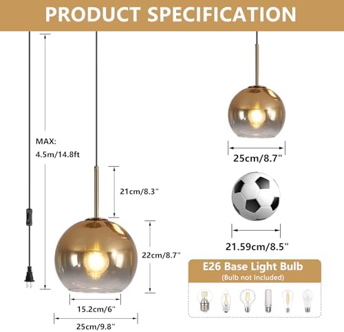 KCO Lighting Mid Century Modern Plug in Pendant Light Gold Glass Globe Pendant Lighting with Adjustable Cord Large Hanging Light Fixture with Plug in Cord for Kitchen Island Dining Room (25cm) - Image 3