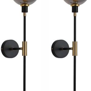KCO Lighting Modern Glass Globe Wall Sconce Light Set of Two Brass and Black Large Light Contemporary Smoke Glass Hallway Long Sconce Wall Light Set of 2