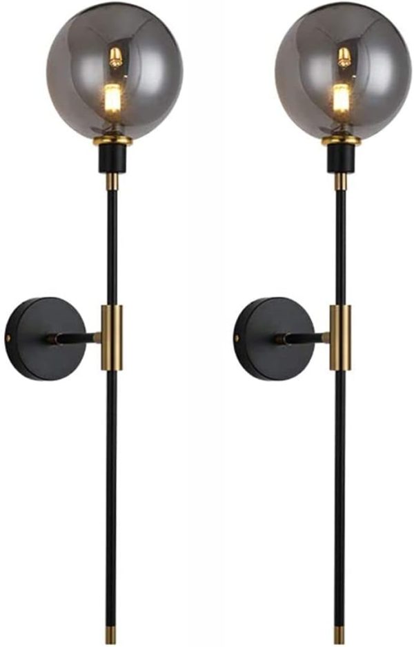 KCO Lighting Modern Glass Globe Wall Sconce Light Set of Two Brass and Black Large Light Contemporary Smoke Glass Hallway Long Sconce Wall Light Set of 2