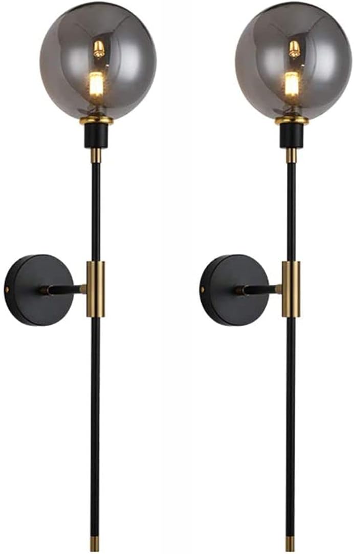 KCO Lighting Modern Glass Globe Wall Sconce Light Set of Two Brass and Black Large Light Contemporary Smoke Glass Hallway Long Sconce Wall Light Set of 2