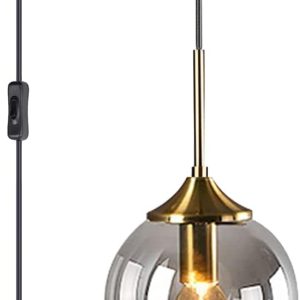 KCO Lighting Modern Plug in Pendant Light Fixture Smoke Grey Glass Globe Pendant Light Gold Brass Pendant Lighting for Kitchen Island Entryway Dining Room (Smoke Grey)