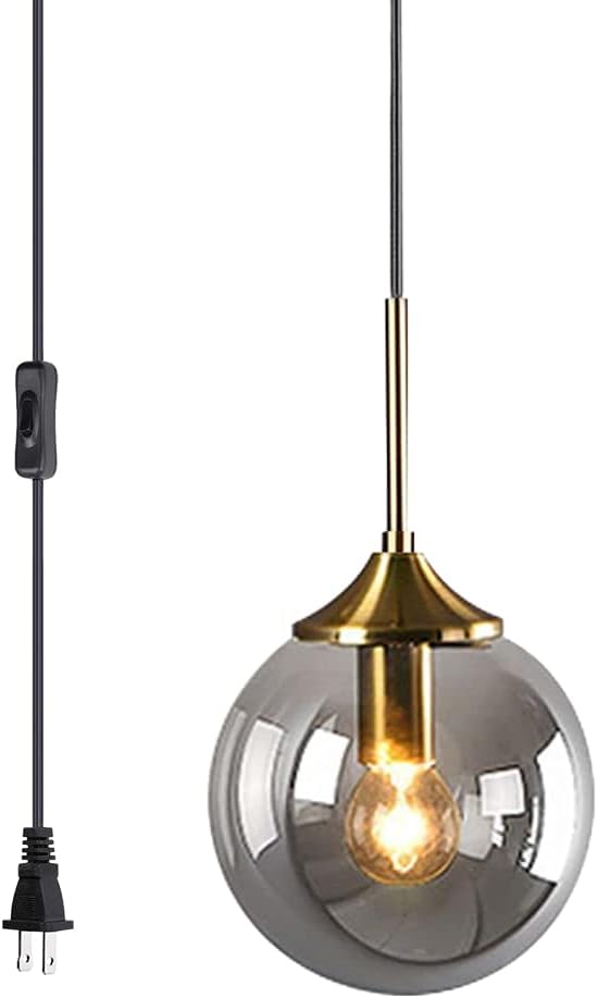 KCO Lighting Modern Plug in Pendant Light Fixture Smoke Grey Glass Globe Pendant Light Gold Brass Pendant Lighting for Kitchen Island Entryway Dining Room (Smoke Grey)