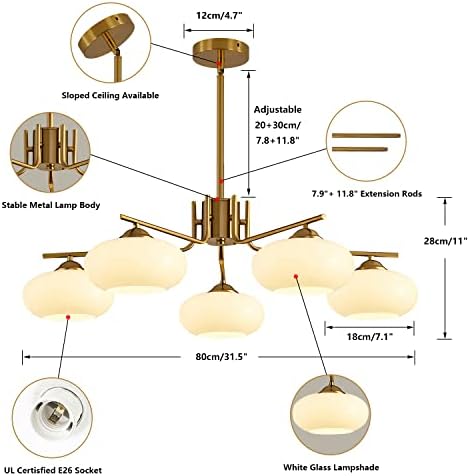 KCO Lighting Mid Century Modern Chandelier Brushed Brass Chandelier 5 Lights Milk Glass Pendant Light Gold Flush Mount Ceiling Light Hallyway Entryway Ceiling Light - Image 3
