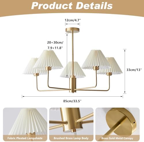 KCO Lighting 5-Lights White Pleated Fabric Pendant Light Mid Century Modern Brushed Gold Sputnik Chandelier Brushed Brass 40-Lights LED Sputnik Chandelier - Image 3