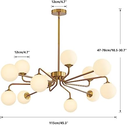 KCO Lighting 12 Light Modern Sputnik Chandelier Glass Globe Pendant Light Fixture Geometric Brushed Brass Chandelier for Kitchen Island Living Room Foyer - Image 3