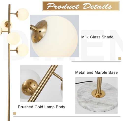 KCO Lighting 5-Light Frosted White Glass Globe Floor Lamp Mid Century Modern Gold Tall Pole Standing Light LED Standing Lamps with Foot Switch for Home Office (Gold) - Image 4
