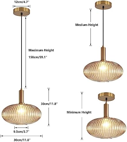 KCO Lighting Amber Glass Pendant Light Ribbed Ceiling Light Gold Single Pendant Light Modern Linear Chandelier Kitchen Island Pendant Lighting Dining Room Pendant Light Fixture - Image 3