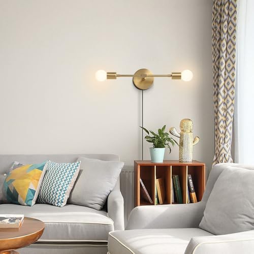KCO Lighting Gold Plug in Wall Sconce 2 Light Bathroom Vanity Light Plug in Brass Wall Reading Light Mid Century Modern Bathroom Wall Scones for Hallway Living Room Dining Room - Image 5