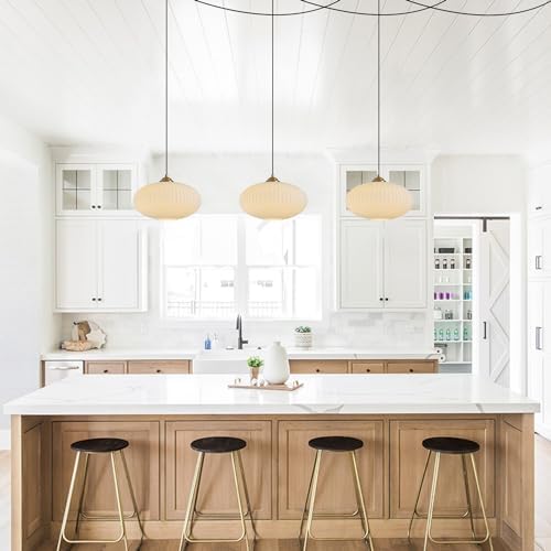 KCO Lighting Milk Glass Chandelier Pendant Light Ribbed Glass Ceiling Light Mid Century Plug in Hanging Light Farmhouse Rustic Walnut Wood Chandelier Modern Gold Chandelier Sputnik Ceiling Light - Image 5