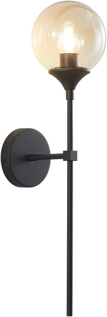 KCO Lighting Matte Black Long Arm Wall Sconce Amber Glass Globe Wall Lamp