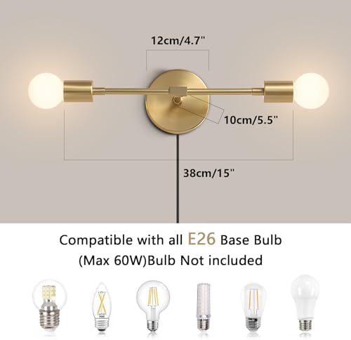 KCO Lighting Gold Plug in Wall Sconce 2 Light Bathroom Vanity Light Plug in Brass Wall Reading Light Mid Century Modern Bathroom Wall Scones for Hallway Living Room Dining Room - Image 3
